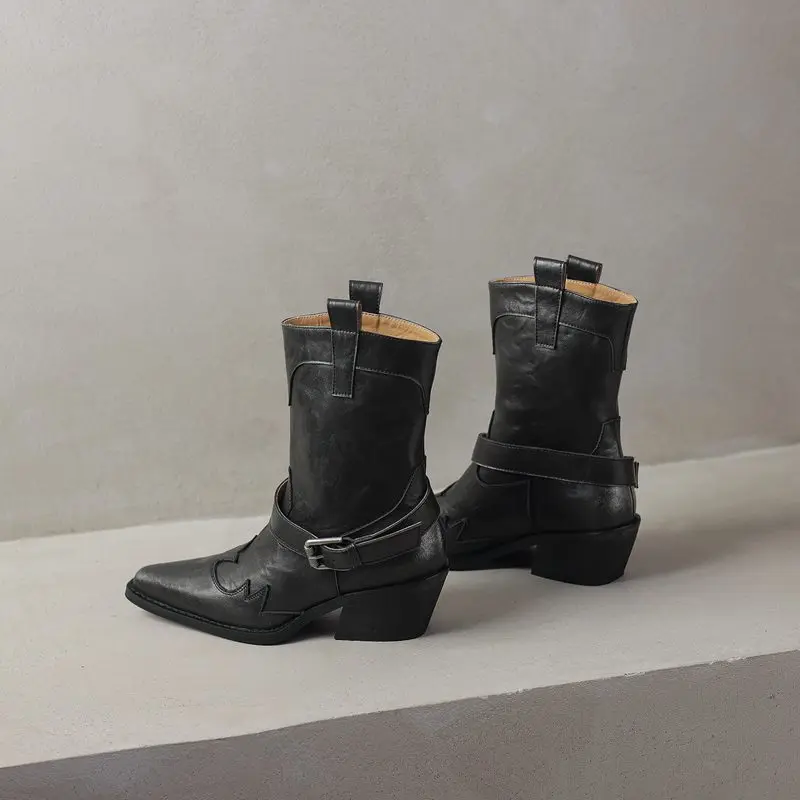 MORAZORA 2025 New Genuine Leather Boots Women Pointed Toe Buckle Wedges Heels Ankle Boots Cowboy Western Boots Ladies Shoes
