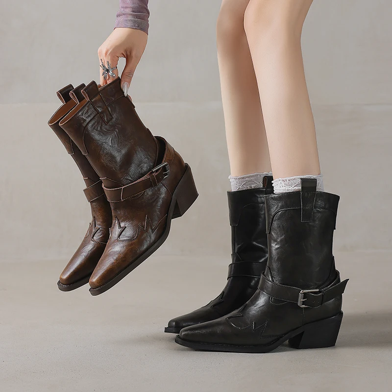 MORAZORA 2025 New Genuine Leather Boots Women Pointed Toe Buckle Wedges Heels Ankle Boots Cowboy Western Boots Ladies Shoes
