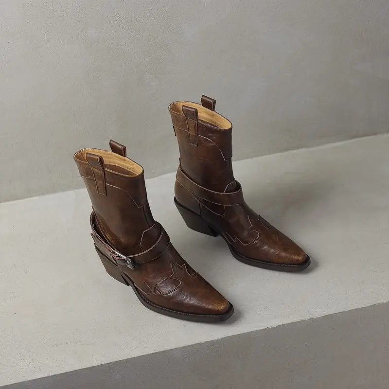 MORAZORA 2025 New Genuine Leather Boots Women Pointed Toe Buckle Wedges Heels Ankle Boots Cowboy Western Boots Ladies Shoes