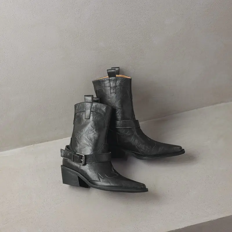 MORAZORA 2025 New Genuine Leather Boots Women Pointed Toe Buckle Wedges Heels Ankle Boots Cowboy Western Boots Ladies Shoes