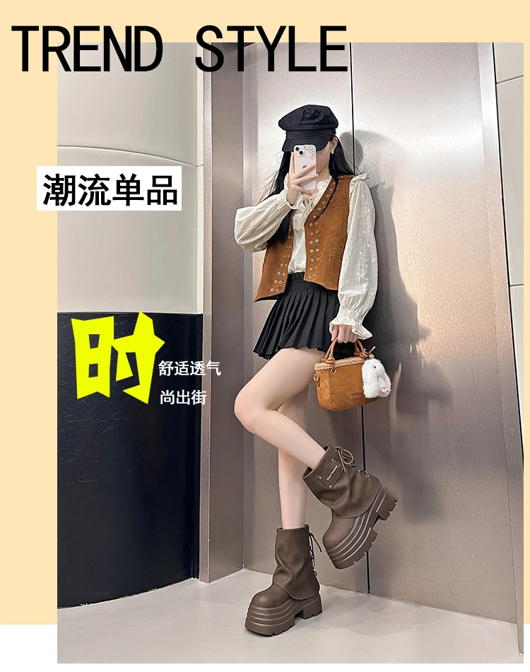 10CM Women Chunky Motorcycle Boots Autumn Hidden Heels Leather Sneakers Winter Waterproof Snow Boots High Platform Short Boots