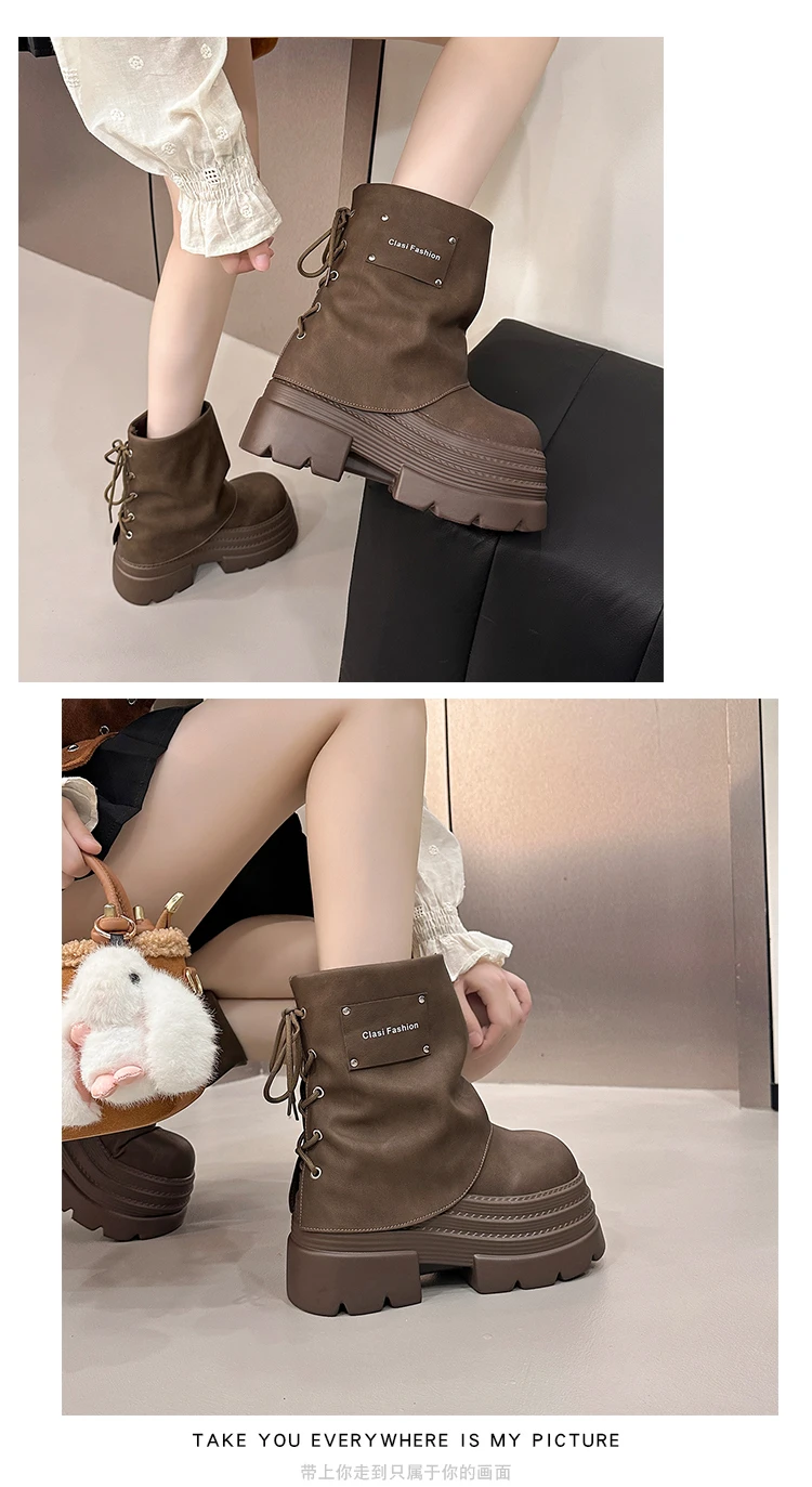10CM Women Chunky Motorcycle Boots Autumn Hidden Heels Leather Sneakers Winter Waterproof Snow Boots High Platform Short Boots