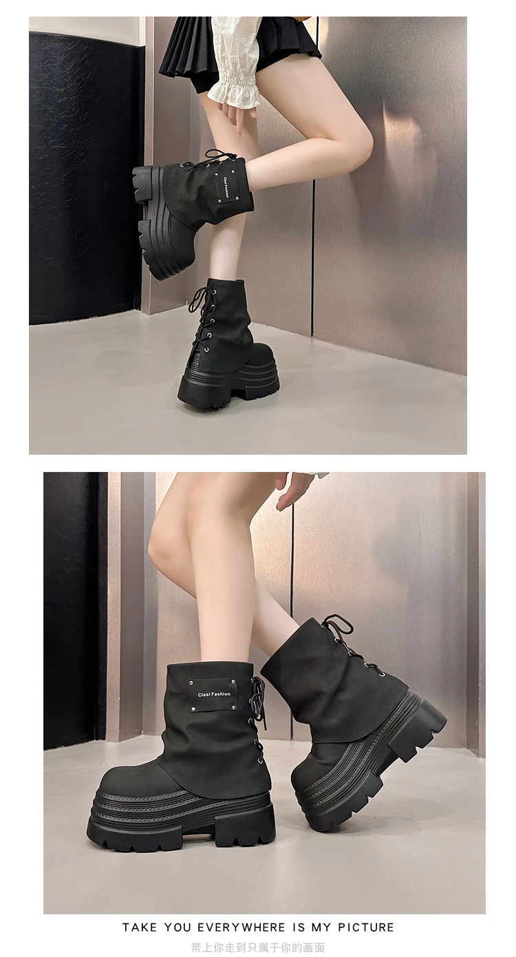 10CM Women Chunky Motorcycle Boots Autumn Hidden Heels Leather Sneakers Winter Waterproof Snow Boots High Platform Short Boots