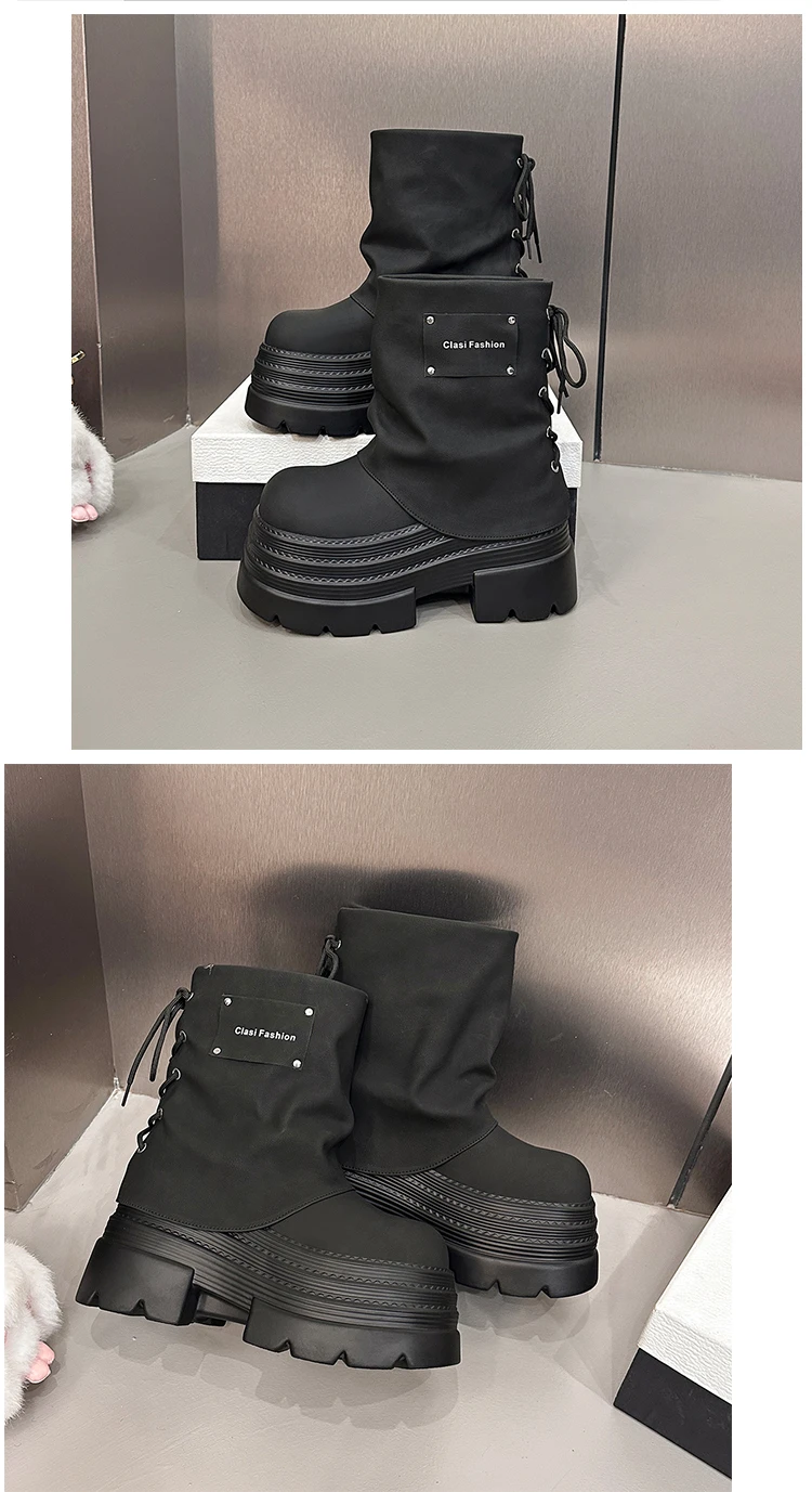 10CM Women Chunky Motorcycle Boots Autumn Hidden Heels Leather Sneakers Winter Waterproof Snow Boots High Platform Short Boots