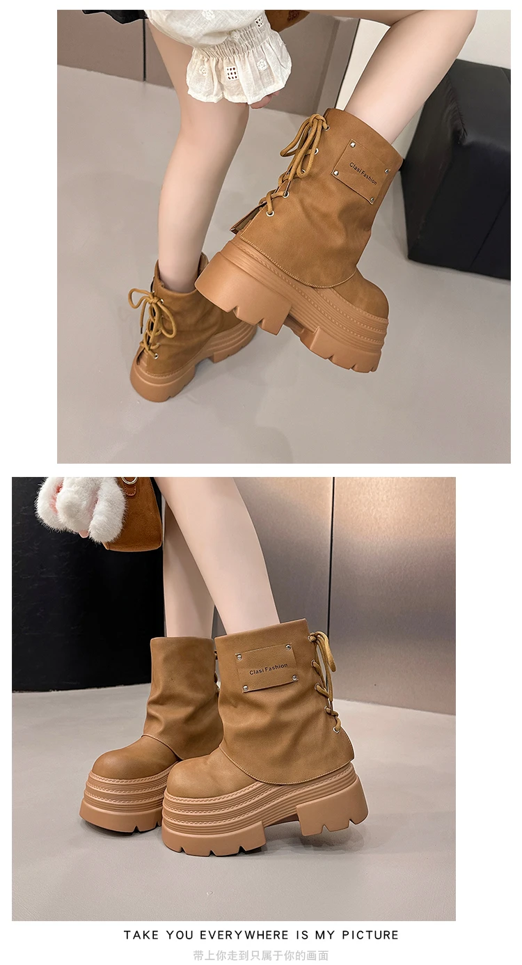 10CM Women Chunky Motorcycle Boots Autumn Hidden Heels Leather Sneakers Winter Waterproof Snow Boots High Platform Short Boots