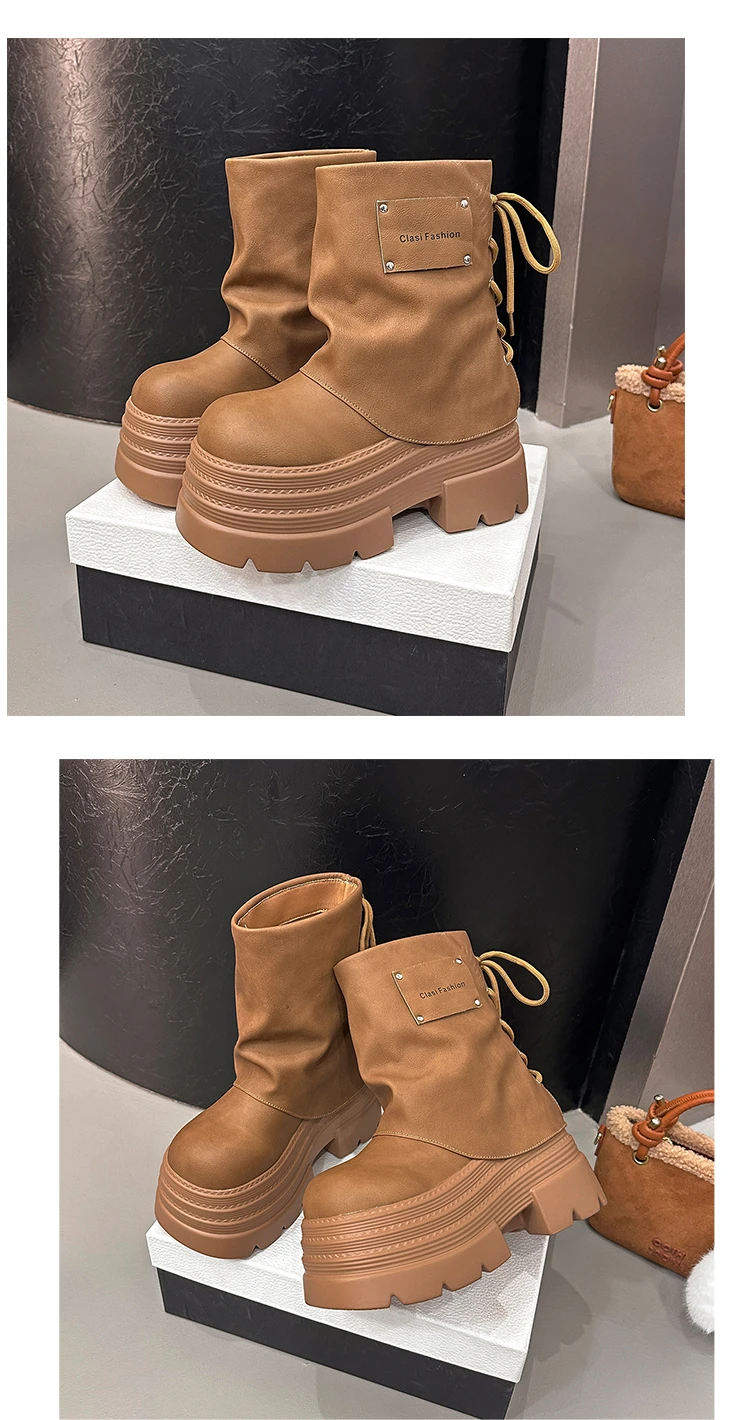 10CM Women Chunky Motorcycle Boots Autumn Hidden Heels Leather Sneakers Winter Waterproof Snow Boots High Platform Short Boots