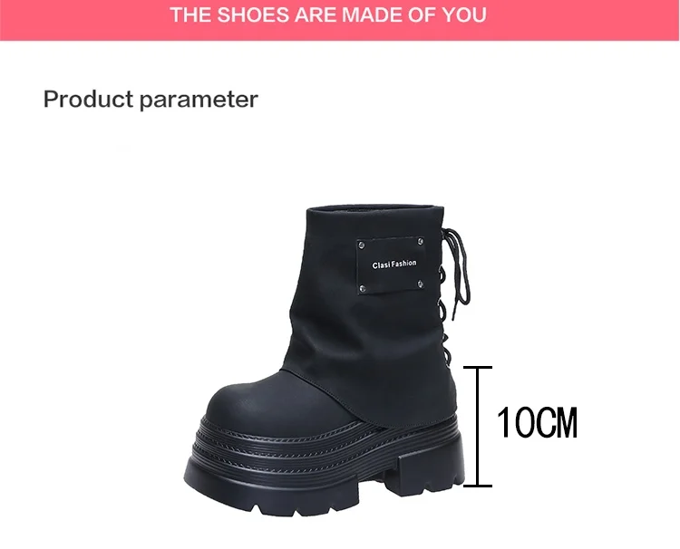10CM Women Chunky Motorcycle Boots Autumn Hidden Heels Leather Sneakers Winter Waterproof Snow Boots High Platform Short Boots