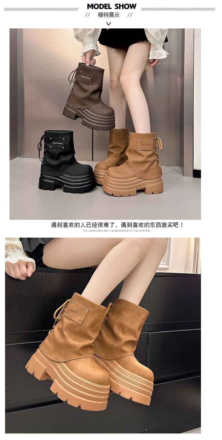 10CM Women Chunky Motorcycle Boots Autumn Hidden Heels Leather Sneakers Winter Waterproof Snow Boots High Platform Short Boots