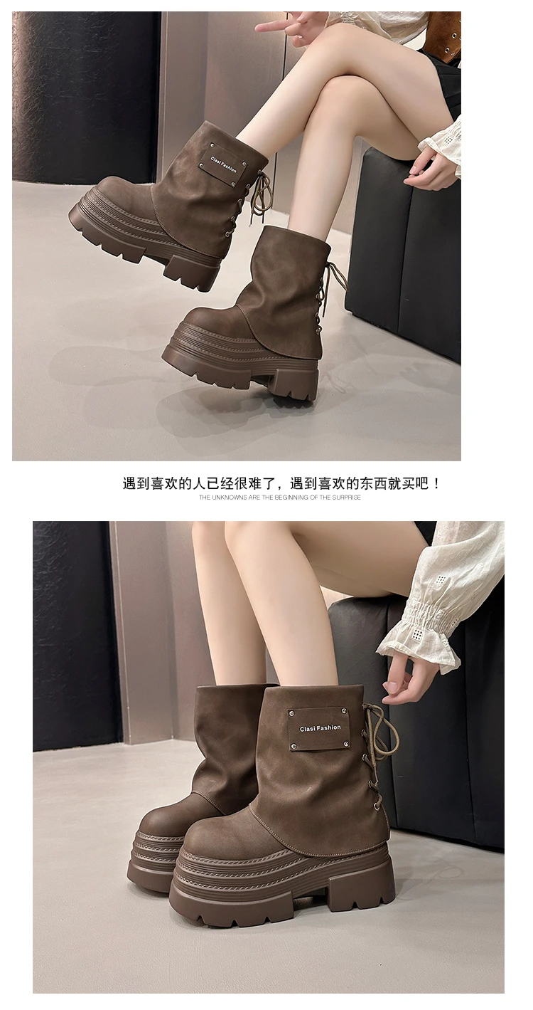 10CM Women Chunky Motorcycle Boots Autumn Hidden Heels Leather Sneakers Winter Waterproof Snow Boots High Platform Short Boots