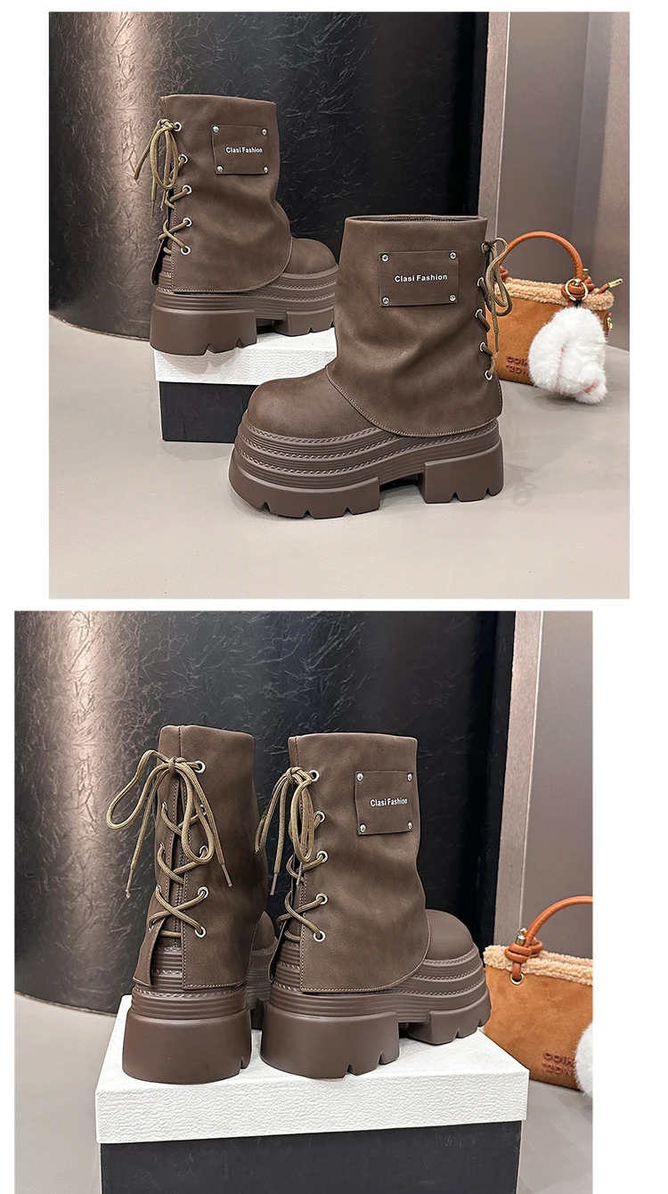 10CM Women Chunky Motorcycle Boots Autumn Hidden Heels Leather Sneakers Winter Waterproof Snow Boots High Platform Short Boots