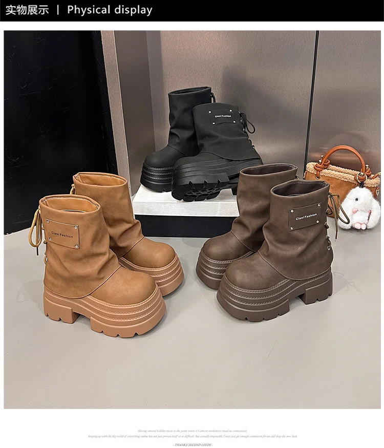 10CM Women Chunky Motorcycle Boots Autumn Hidden Heels Leather Sneakers Winter Waterproof Snow Boots High Platform Short Boots
