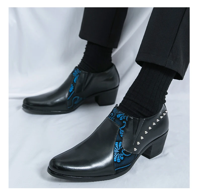 Black Leather Business Dress High Heel Men's Shoes Pointed Toe Slip-on Rivets Elegant Party Wedding Shoes Thick Bottom Plus Size