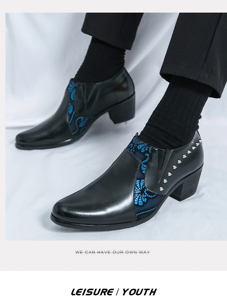 Black Leather Business Dress High Heel Men's Shoes Pointed Toe Slip-on Rivets Elegant Party Wedding Shoes Thick Bottom Plus Size