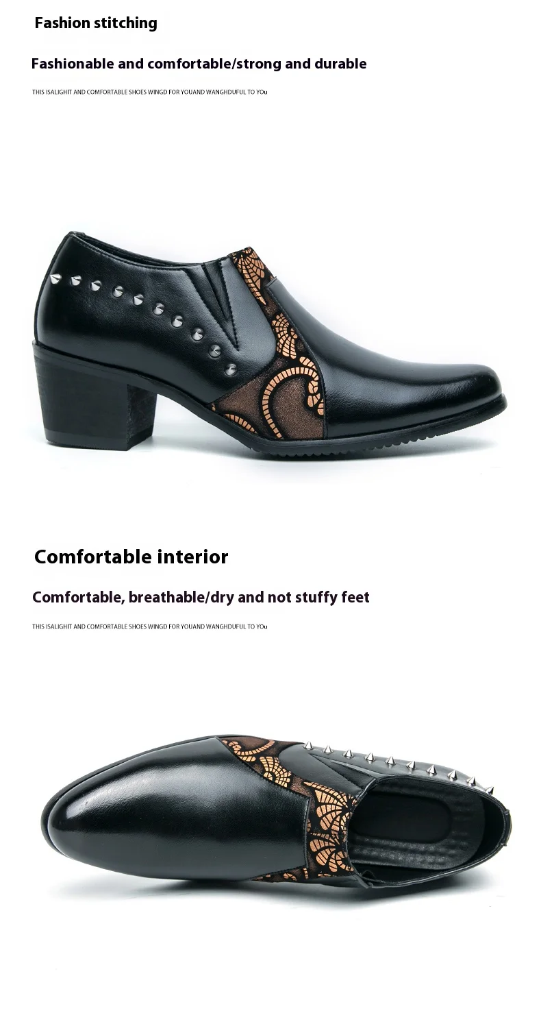 Black Leather Business Dress High Heel Men's Shoes Pointed Toe Slip-on Rivets Elegant Party Wedding Shoes Thick Bottom Plus Size