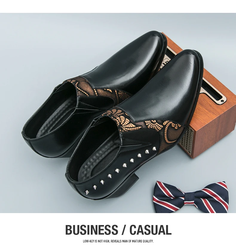 Black Leather Business Dress High Heel Men's Shoes Pointed Toe Slip-on Rivets Elegant Party Wedding Shoes Thick Bottom Plus Size