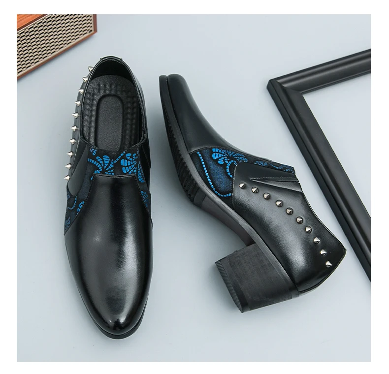 Black Leather Business Dress High Heel Men's Shoes Pointed Toe Slip-on Rivets Elegant Party Wedding Shoes Thick Bottom Plus Size