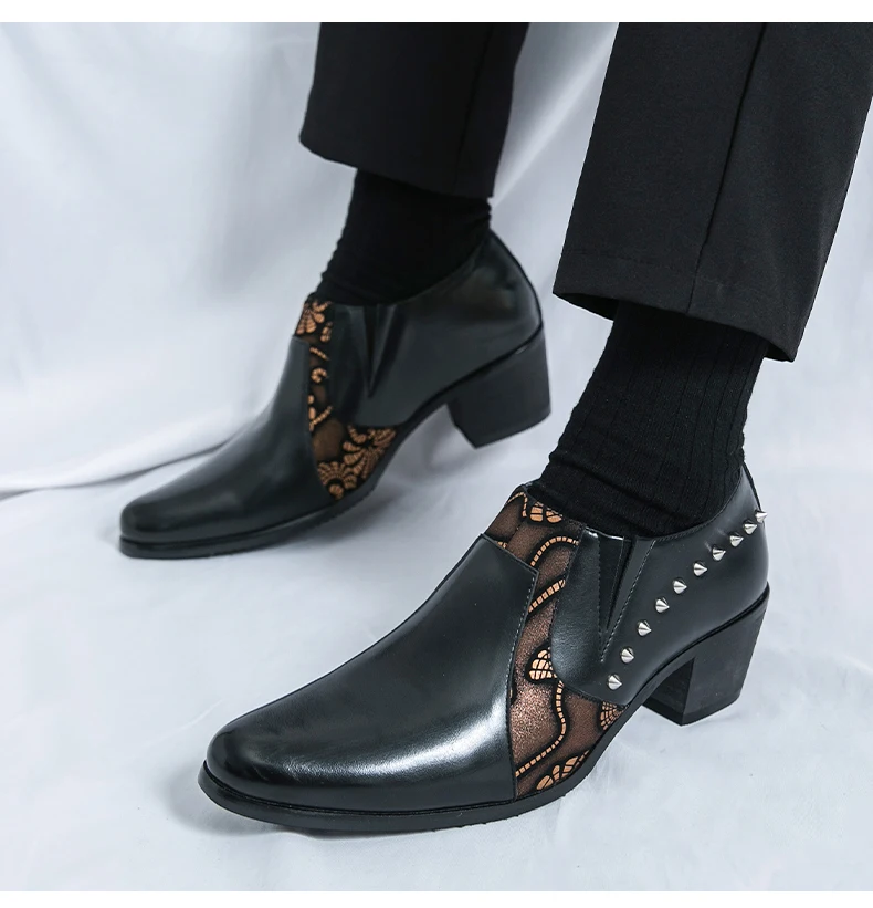 Black Leather Business Dress High Heel Men's Shoes Pointed Toe Slip-on Rivets Elegant Party Wedding Shoes Thick Bottom Plus Size