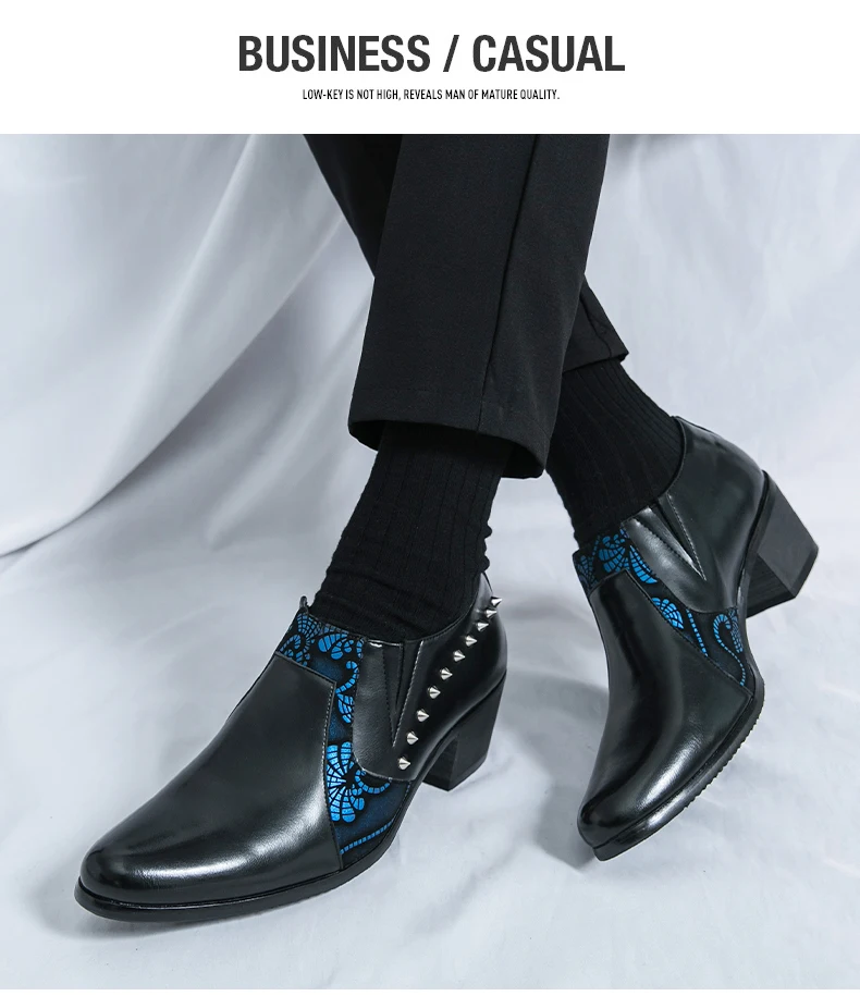 Black Leather Business Dress High Heel Men's Shoes Pointed Toe Slip-on Rivets Elegant Party Wedding Shoes Thick Bottom Plus Size