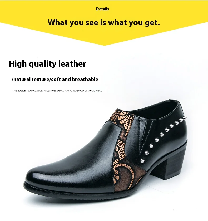 Black Leather Business Dress High Heel Men's Shoes Pointed Toe Slip-on Rivets Elegant Party Wedding Shoes Thick Bottom Plus Size