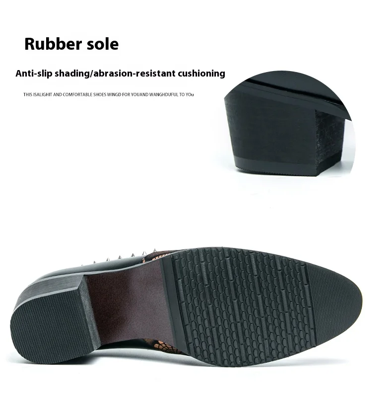 Black Leather Business Dress High Heel Men's Shoes Pointed Toe Slip-on Rivets Elegant Party Wedding Shoes Thick Bottom Plus Size