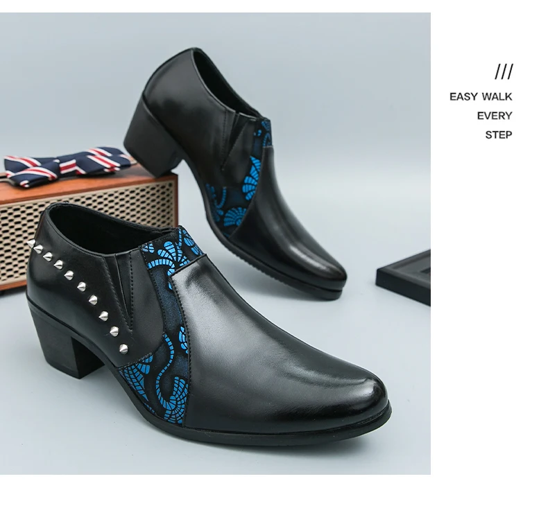 Black Leather Business Dress High Heel Men's Shoes Pointed Toe Slip-on Rivets Elegant Party Wedding Shoes Thick Bottom Plus Size