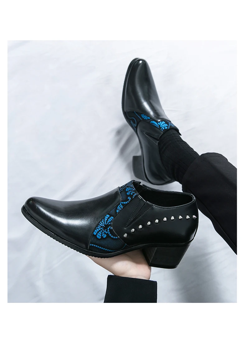Black Leather Business Dress High Heel Men's Shoes Pointed Toe Slip-on Rivets Elegant Party Wedding Shoes Thick Bottom Plus Size