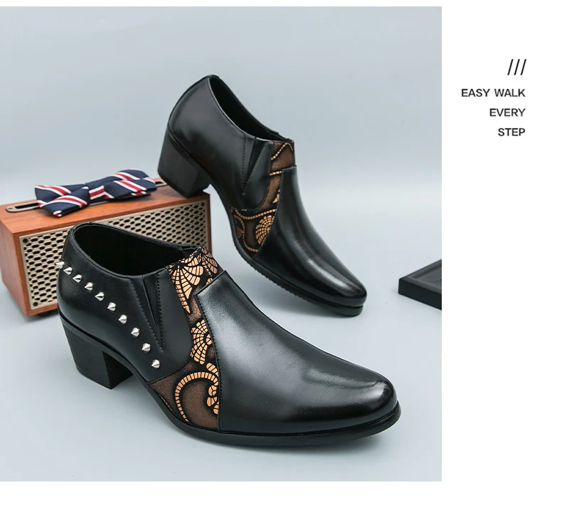 Black Leather Business Dress High Heel Men's Shoes Pointed Toe Slip-on Rivets Elegant Party Wedding Shoes Thick Bottom Plus Size