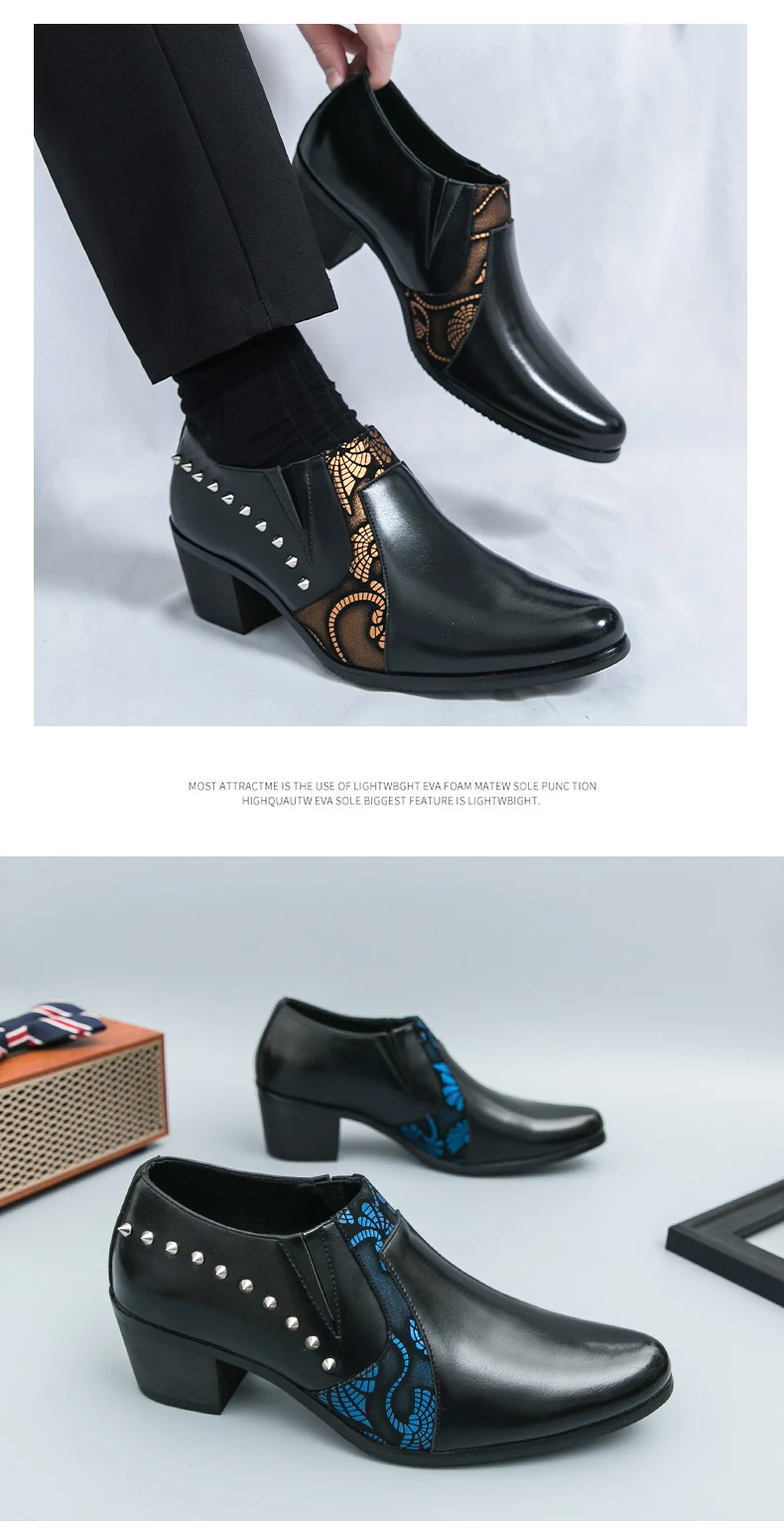 Black Leather Business Dress High Heel Men's Shoes Pointed Toe Slip-on Rivets Elegant Party Wedding Shoes Thick Bottom Plus Size