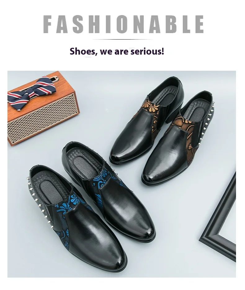 Black Leather Business Dress High Heel Men's Shoes Pointed Toe Slip-on Rivets Elegant Party Wedding Shoes Thick Bottom Plus Size