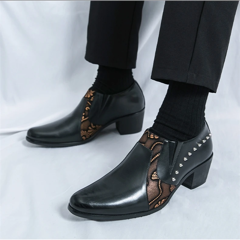 Black Leather Business Dress High Heel Men's Shoes Pointed Toe Slip-on Rivets Elegant Party Wedding Shoes Thick Bottom Plus Size