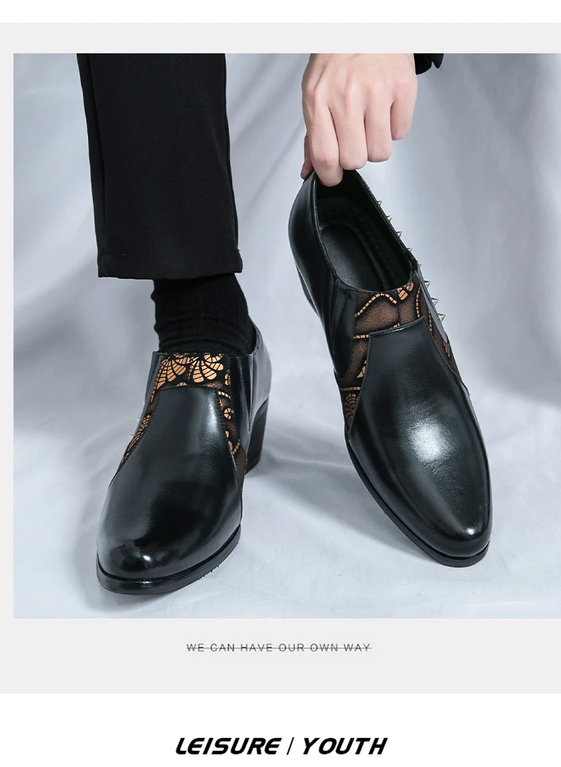 Black Leather Business Dress High Heel Men's Shoes Pointed Toe Slip-on Rivets Elegant Party Wedding Shoes Thick Bottom Plus Size