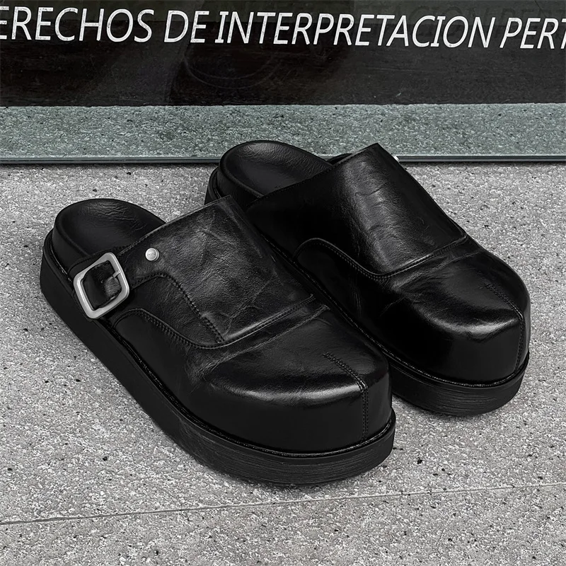2025 Men's and Women's Leather Outer Wear Couple's Casual Thick-soled Big Head Bag Head Half Slippers Couple Slippers