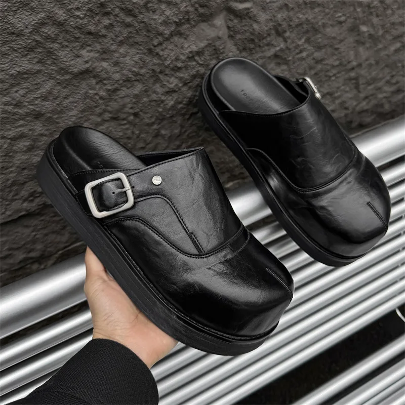 2025 Men's and Women's Leather Outer Wear Couple's Casual Thick-soled Big Head Bag Head Half Slippers Couple Slippers