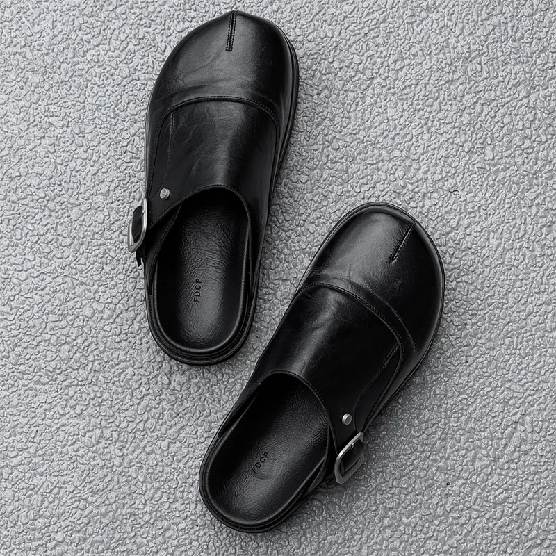 2025 Men's and Women's Leather Outer Wear Couple's Casual Thick-soled Big Head Bag Head Half Slippers Couple Slippers