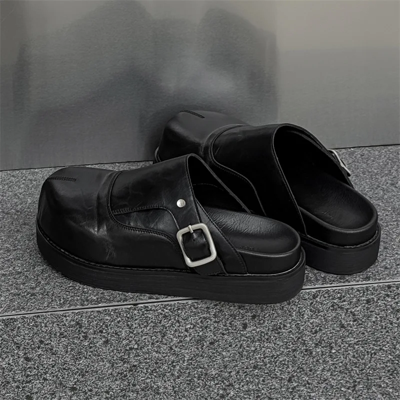 2025 Men's and Women's Leather Outer Wear Couple's Casual Thick-soled Big Head Bag Head Half Slippers Couple Slippers