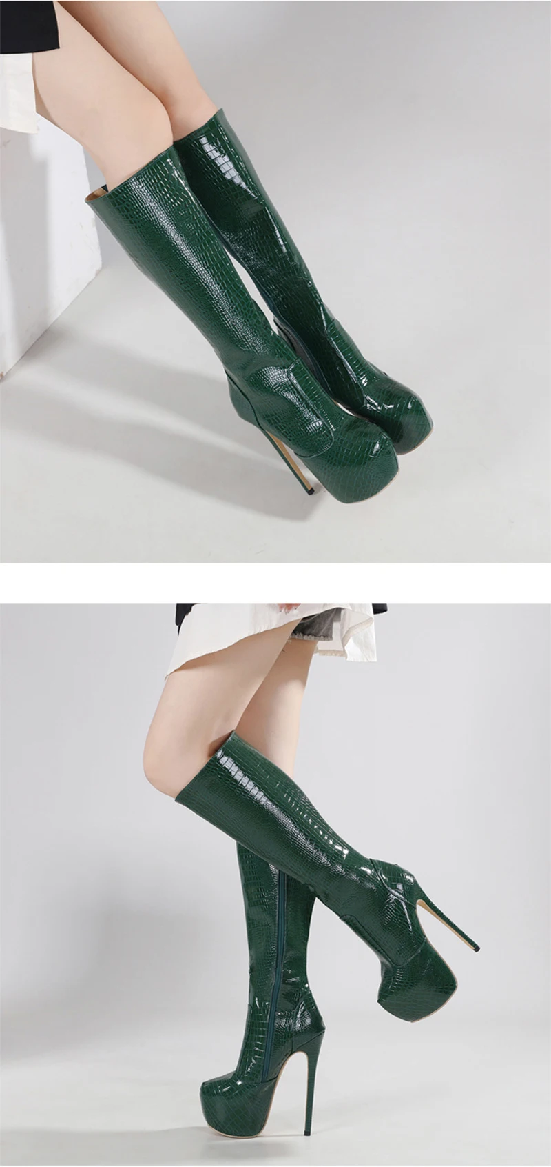 Hlieny Green Serpentine Knee-High Boots Women Thin High Heels Platform Round Toe Zipper Ladies Long Boot Female Shoes Size 35-42