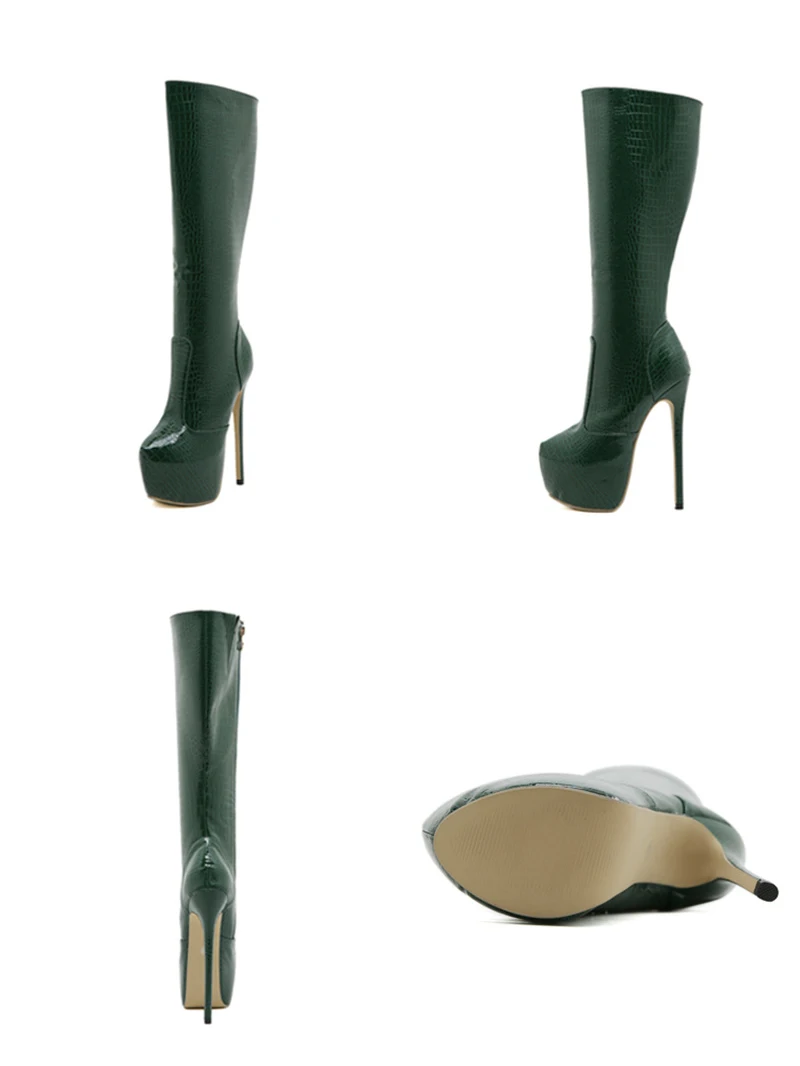 Hlieny Green Serpentine Knee-High Boots Women Thin High Heels Platform Round Toe Zipper Ladies Long Boot Female Shoes Size 35-42