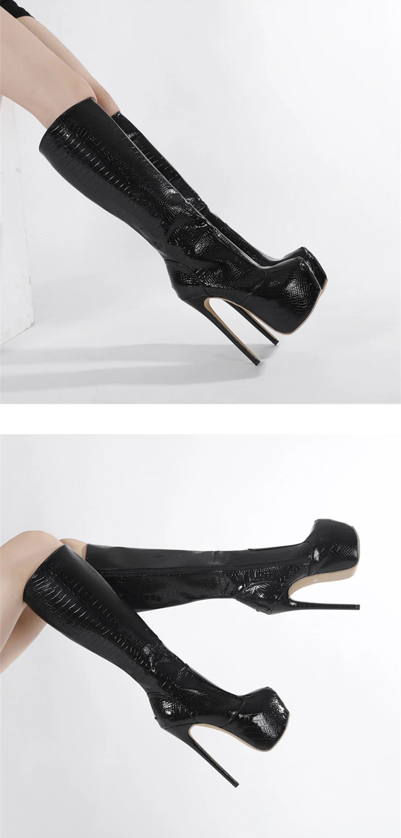 Hlieny Green Serpentine Knee-High Boots Women Thin High Heels Platform Round Toe Zipper Ladies Long Boot Female Shoes Size 35-42