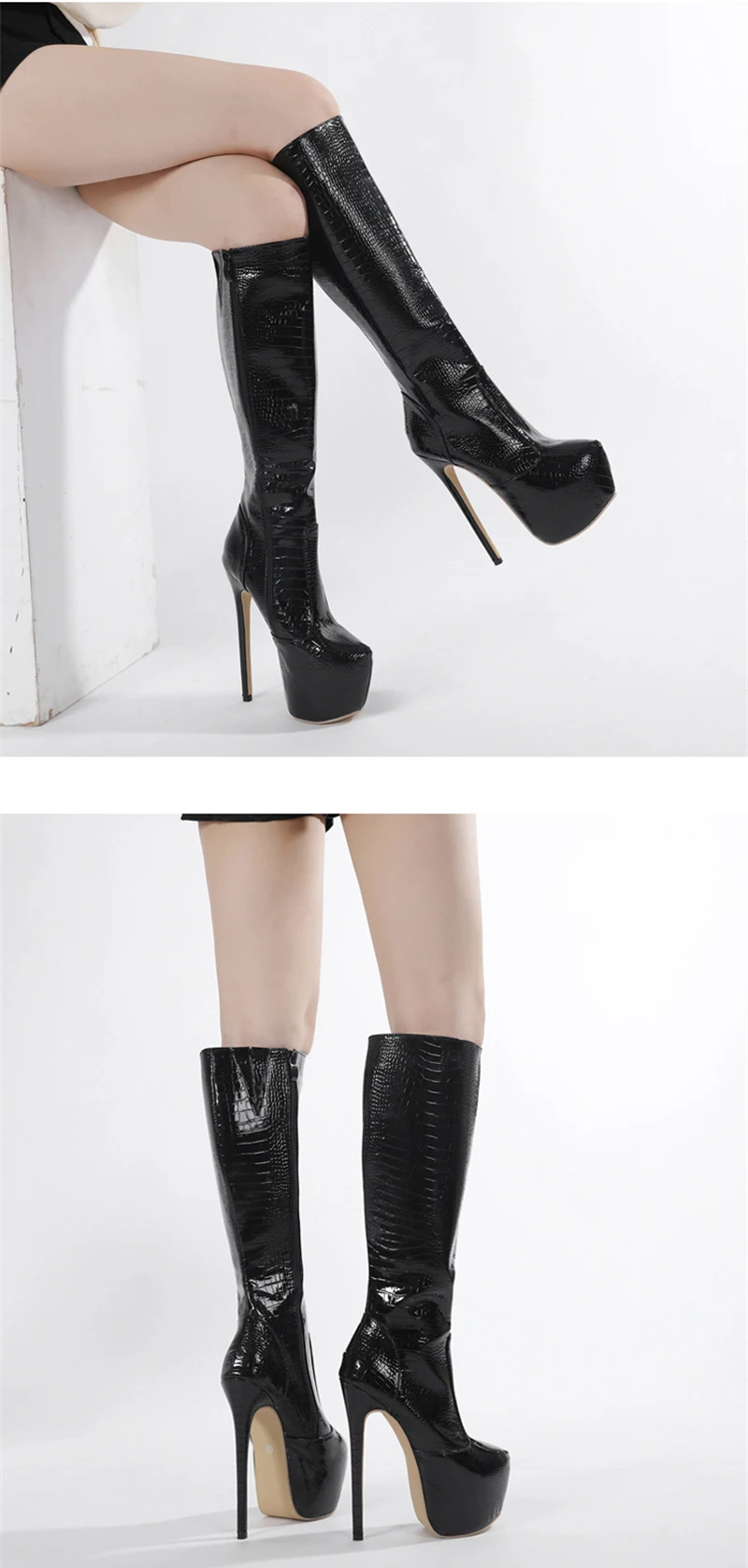 Hlieny Green Serpentine Knee-High Boots Women Thin High Heels Platform Round Toe Zipper Ladies Long Boot Female Shoes Size 35-42