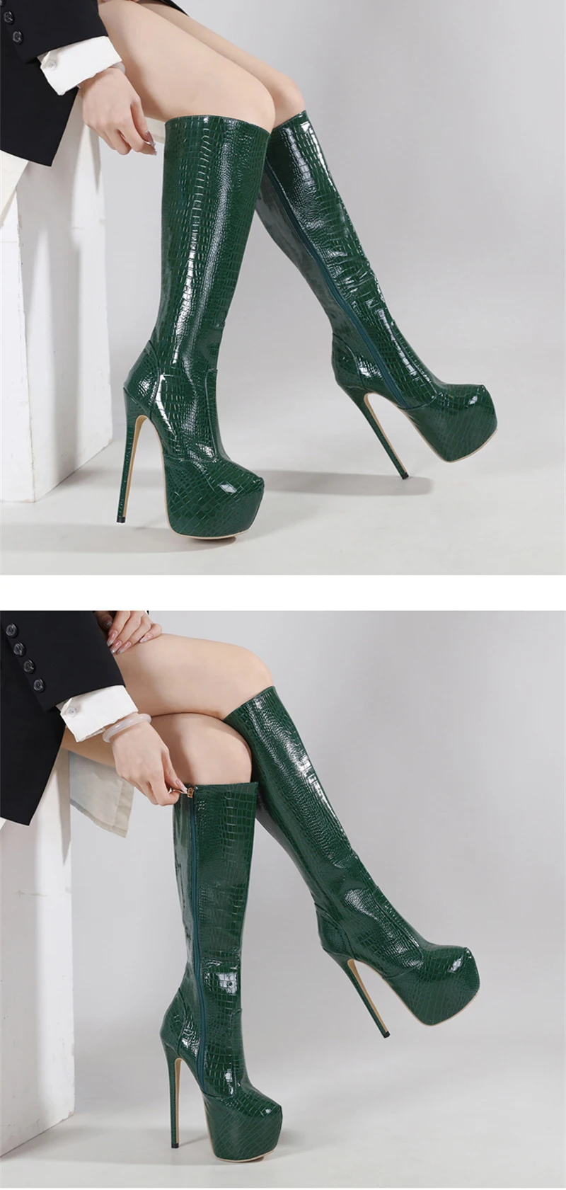 Hlieny Green Serpentine Knee-High Boots Women Thin High Heels Platform Round Toe Zipper Ladies Long Boot Female Shoes Size 35-42