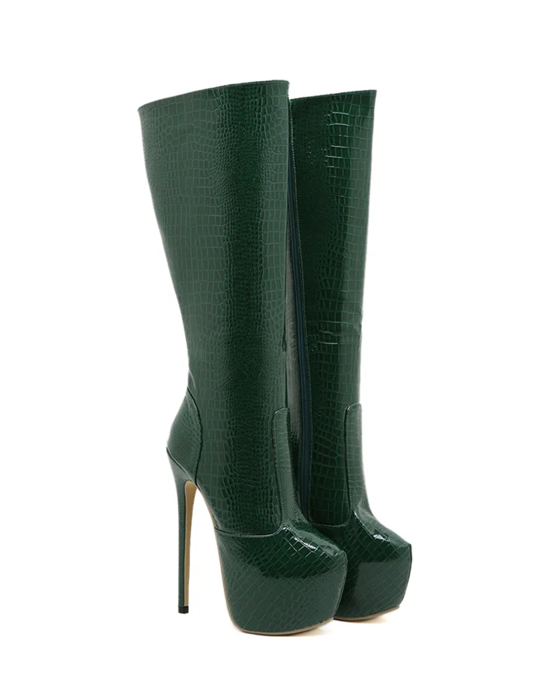 Hlieny Green Serpentine Knee-High Boots Women Thin High Heels Platform Round Toe Zipper Ladies Long Boot Female Shoes Size 35-42