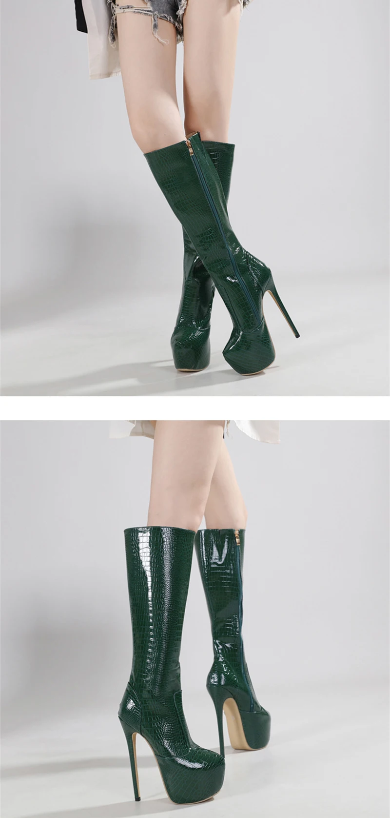 Hlieny Green Serpentine Knee-High Boots Women Thin High Heels Platform Round Toe Zipper Ladies Long Boot Female Shoes Size 35-42
