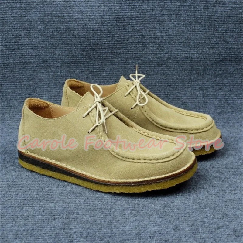 Retro Square Toe Chunky Heel Genuine Leather Male Shoes Large Size Lace-Up Outside Casual Shoes Men's Breathabale Sneakers