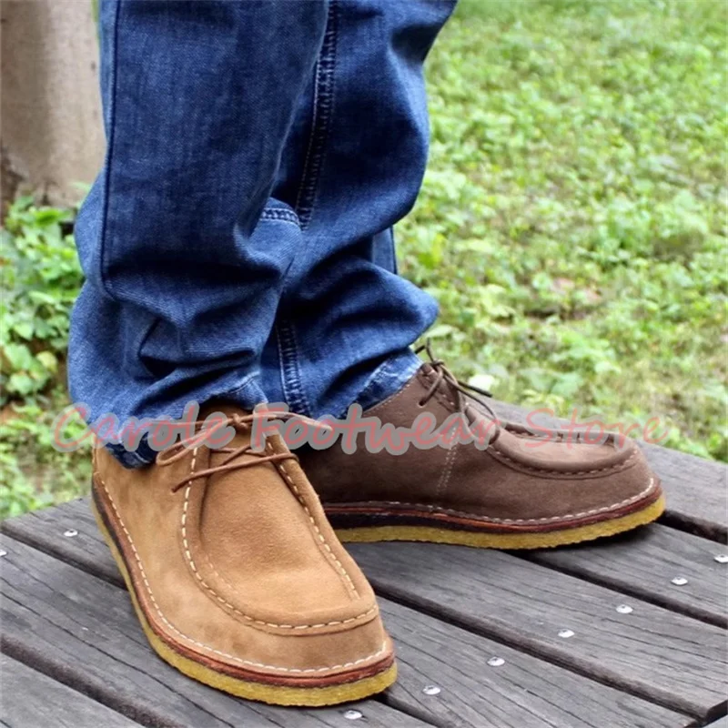 Retro Square Toe Chunky Heel Genuine Leather Male Shoes Large Size Lace-Up Outside Casual Shoes Men's Breathabale Sneakers