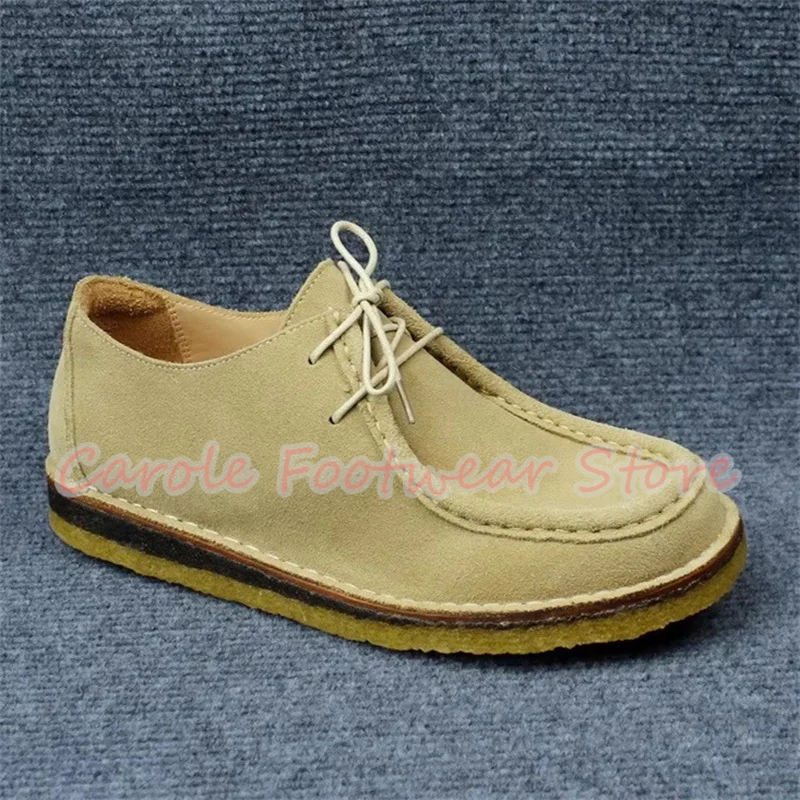 Retro Square Toe Chunky Heel Genuine Leather Male Shoes Large Size Lace-Up Outside Casual Shoes Men's Breathabale Sneakers