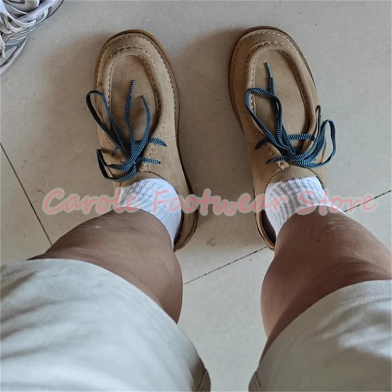 Retro Square Toe Chunky Heel Genuine Leather Male Shoes Large Size Lace-Up Outside Casual Shoes Men's Breathabale Sneakers