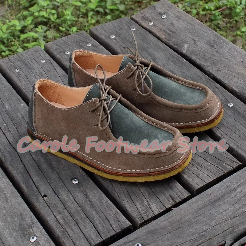 Retro Square Toe Chunky Heel Genuine Leather Male Shoes Large Size Lace-Up Outside Casual Shoes Men's Breathabale Sneakers