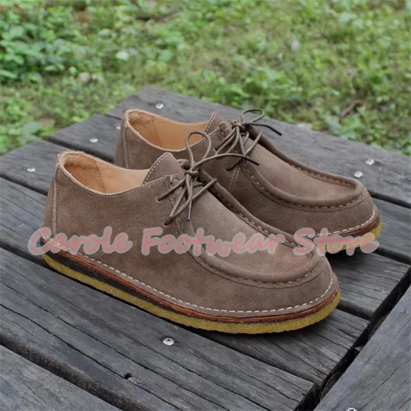 Retro Square Toe Chunky Heel Genuine Leather Male Shoes Large Size Lace-Up Outside Casual Shoes Men's Breathabale Sneakers