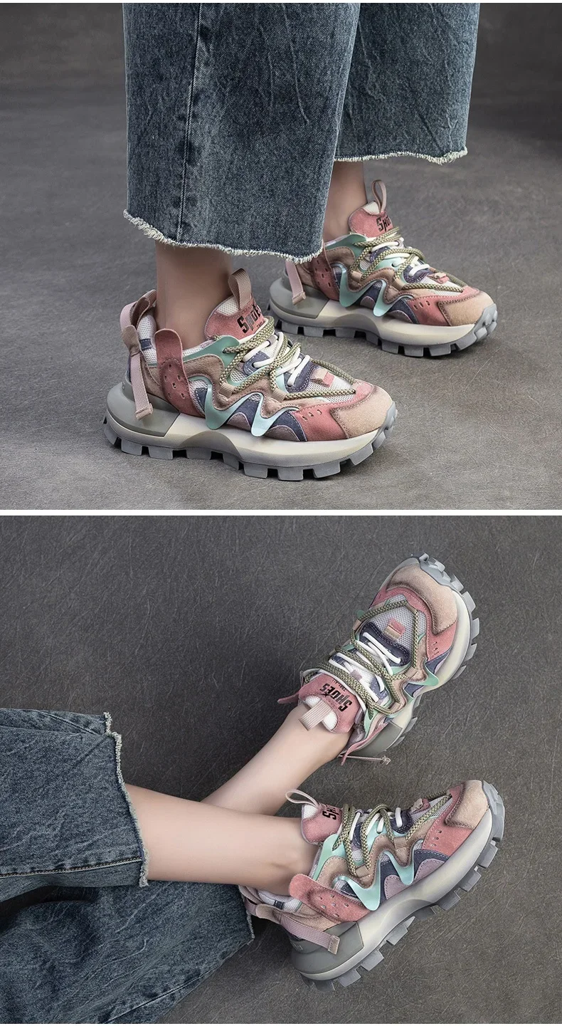 4.5CM New Fashion Mixed Colors Casual Sneakers Women Summer Air Mesh Genuine Leather Thick Sole Height Increasing Platform Shoes