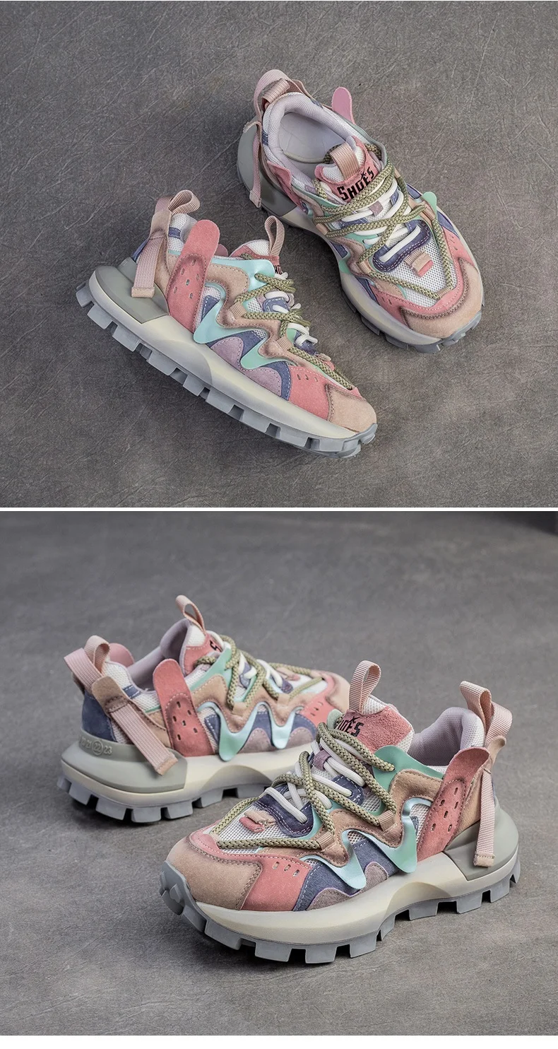 4.5CM New Fashion Mixed Colors Casual Sneakers Women Summer Air Mesh Genuine Leather Thick Sole Height Increasing Platform Shoes